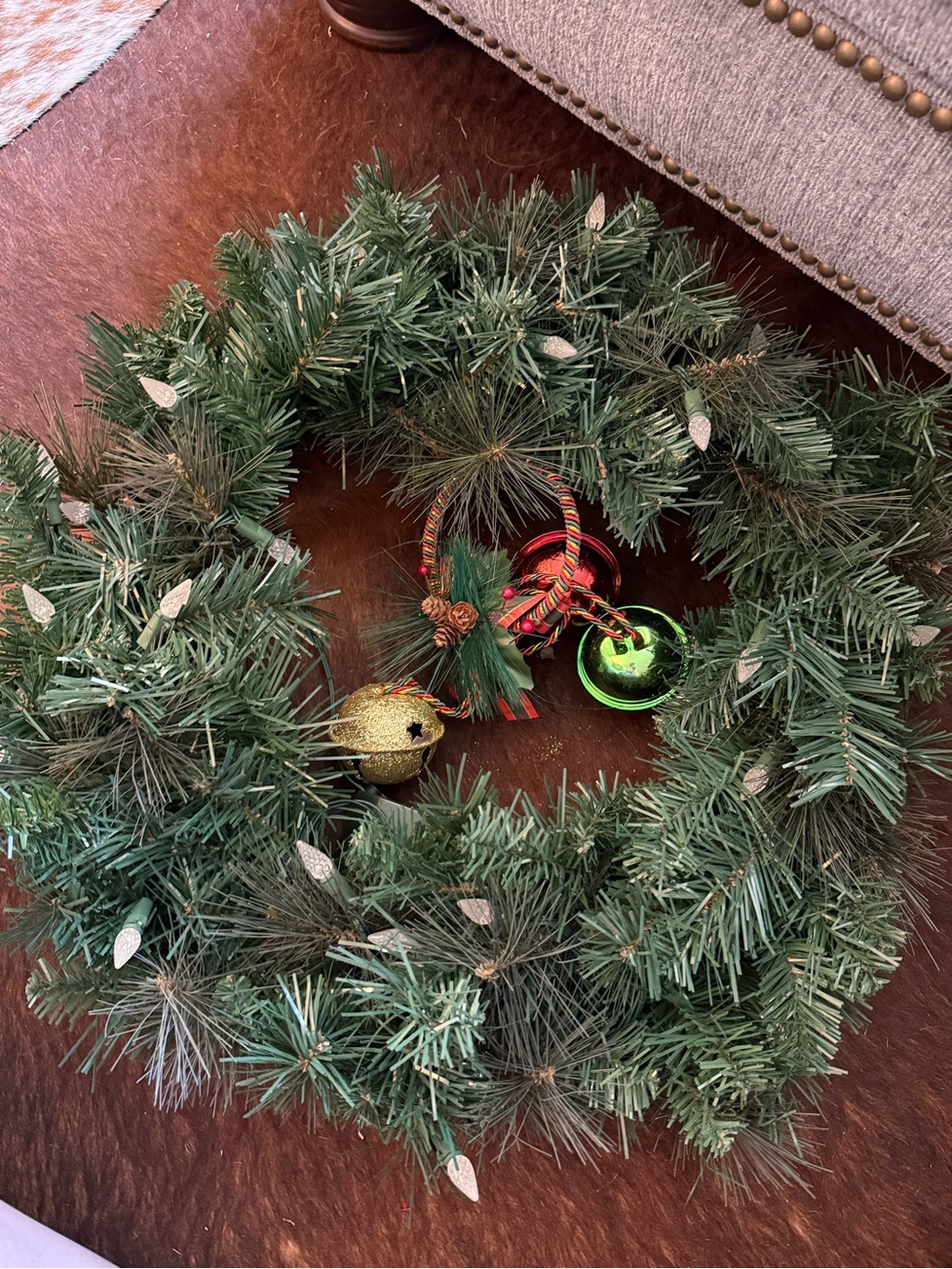Green Holiday Pine Wreath with Jingle Bell Accents